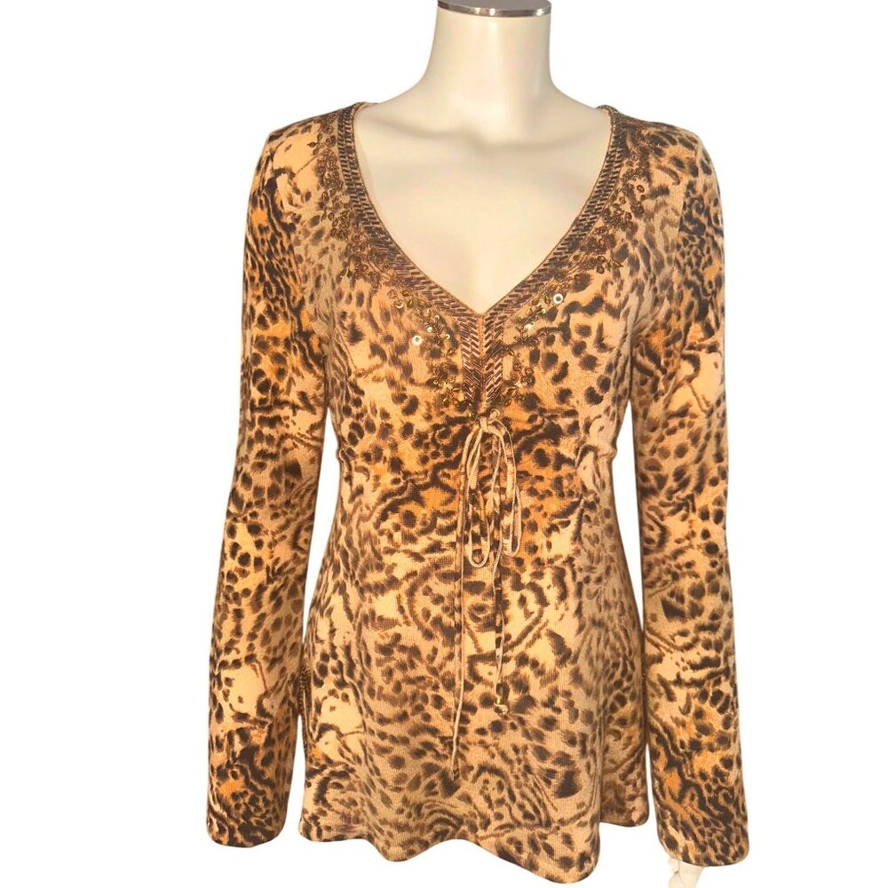 Dana Buchman Size M Brown Leopard Print Merino Wool Beaded Tunic Sweater Blouse - Picture 2 of 13